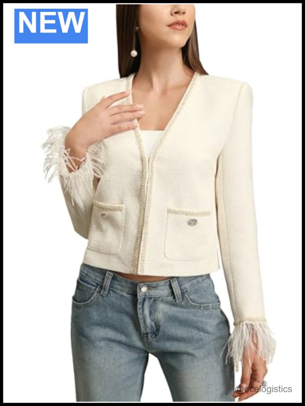Womens Tweed Cropped Blazer Feather Trim Pockets Rhinestone Buttons